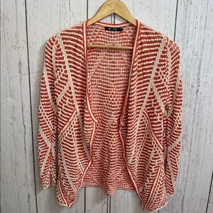 Anthropologie Burnt Orange White Geometric Open Front Semi Sheer Cardigan XS